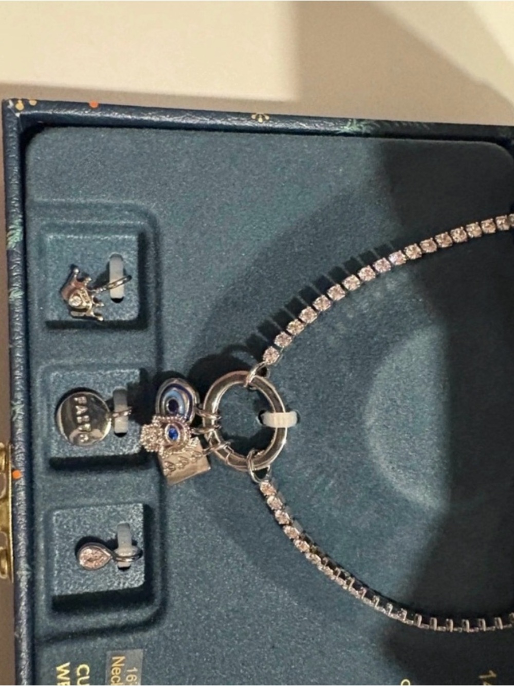 Silver Tennis Necklace with Blue and Clear Charm Pendant